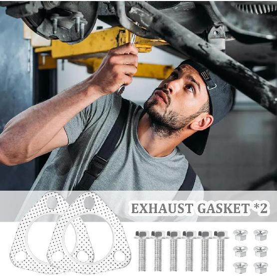 2PCS Exhaust Flange Gasket With 6PCS Exhaust Bolts And 6PCS Nut Kit,Graphite Composite Exhaust Gasket For Exhaust Flange Repair,Universal Car