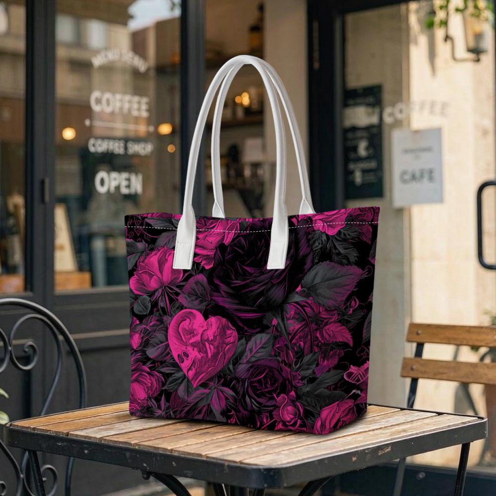 Gothic Rose Heart Pattern Shoulder Tote Portable Daily Use Bag for Women