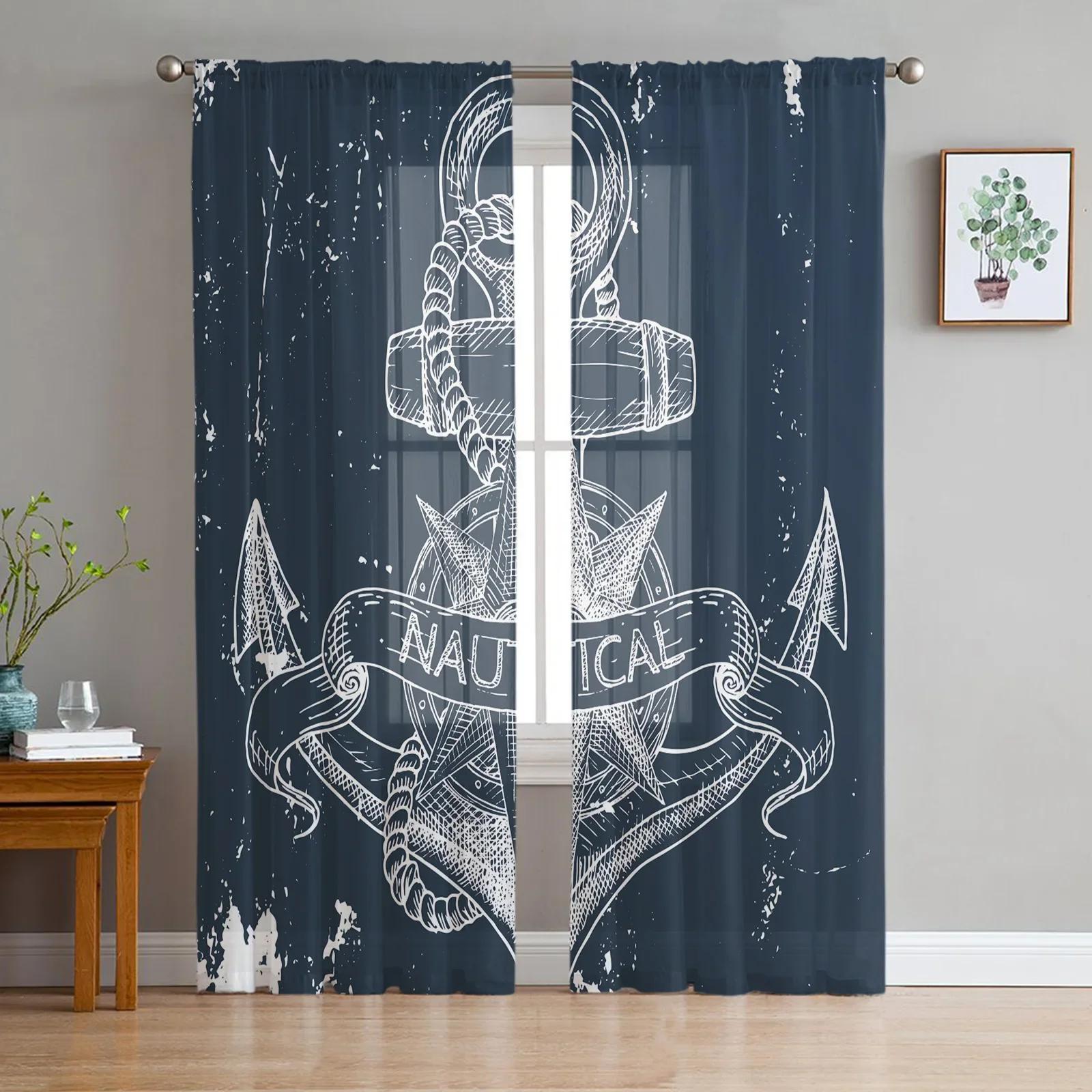 

Nautical Blue Anchor Rudder Boat Fish Lighthouse Fine Netting Transparent Window Panel Drapes Living Room Bed Chamber Transparent Fabric Organza W135 x H115cm x1&Rod Pocket