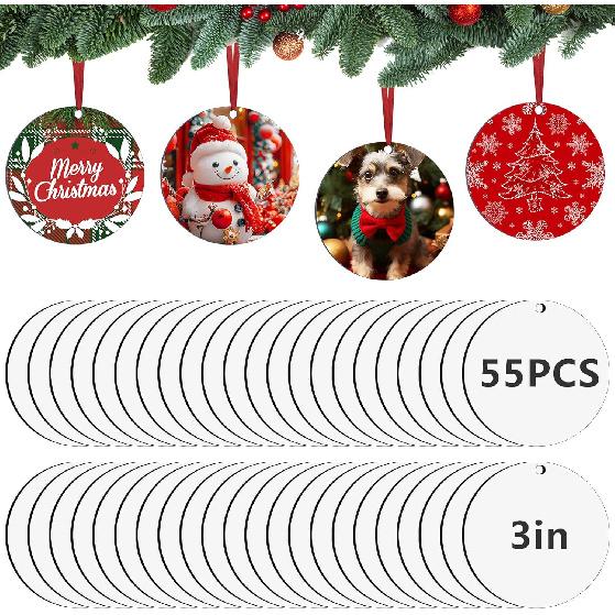 55Pcs 3 Inch Sublimation Ornament Blanks Bulk Round Ornaments MDF Double Side Sublimation Blanks Ornaments Products Keychains Heat Transfer for DIY