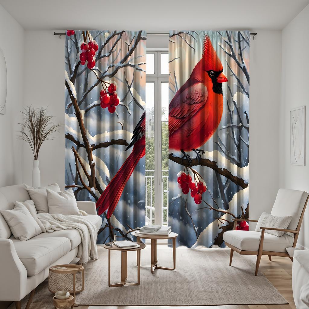2 Stück HD roter Obstbaum Schneevogel dekorativer Vorhang Roter digital bedruckter Vorhang Heimdekorationsstil Dekoration Wohnzimmer