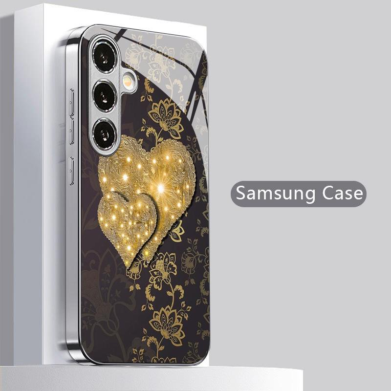 Coque de téléphone 2D à motif cœur brillant pour Samsung S26 S25 S24 S23 S22 S21 S20 A56 A36 A16 Housse de protection en verre plaquée électro