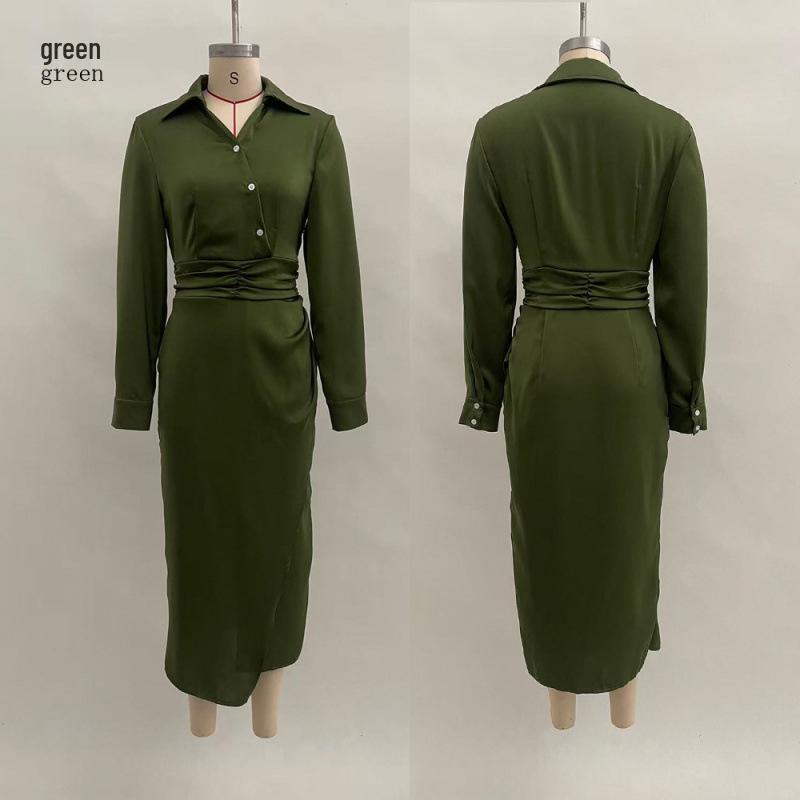 2025 Autumn Slim Fit Long Sleeve Dress: Elegant Women s Shirt Collar Long Skirt Small