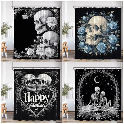 Cortina de Chuveiro Caveira Floral Flores Azuis e Brancas Esqueleto Horror Halloween Cortinas de Banho Poliéster Decoração de Banheiro Preta com Ganchos