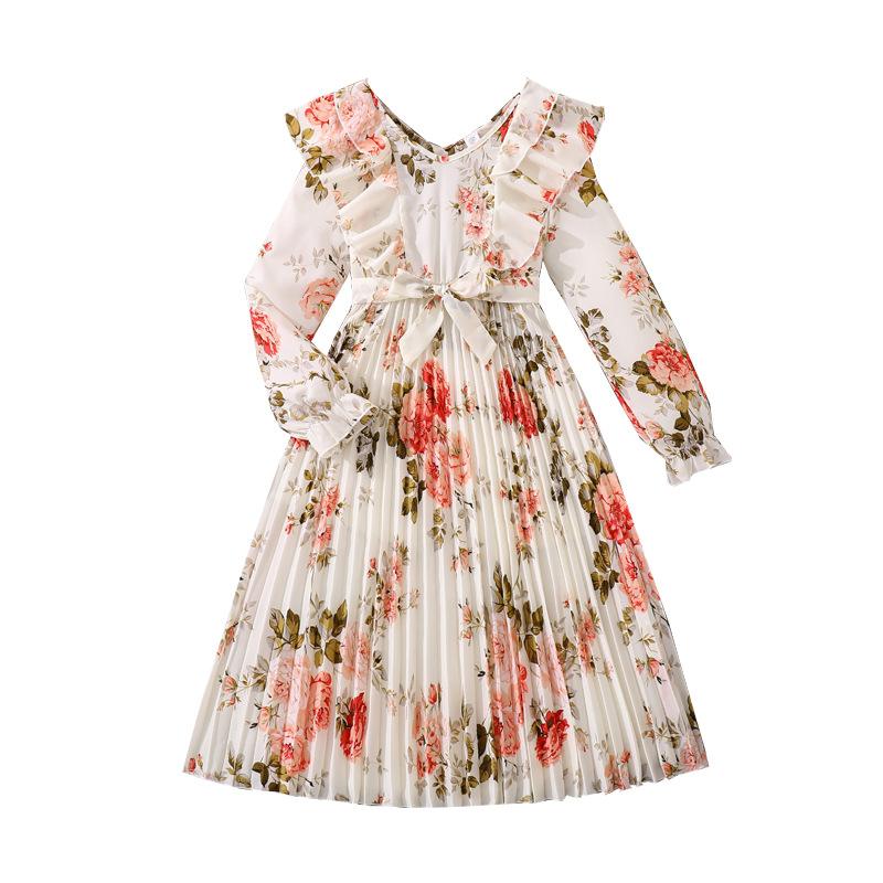 Girl Long Dress Autumn Sweet Floral Long Sleeve Waist-Cinching Slimming Long Dresses For Children