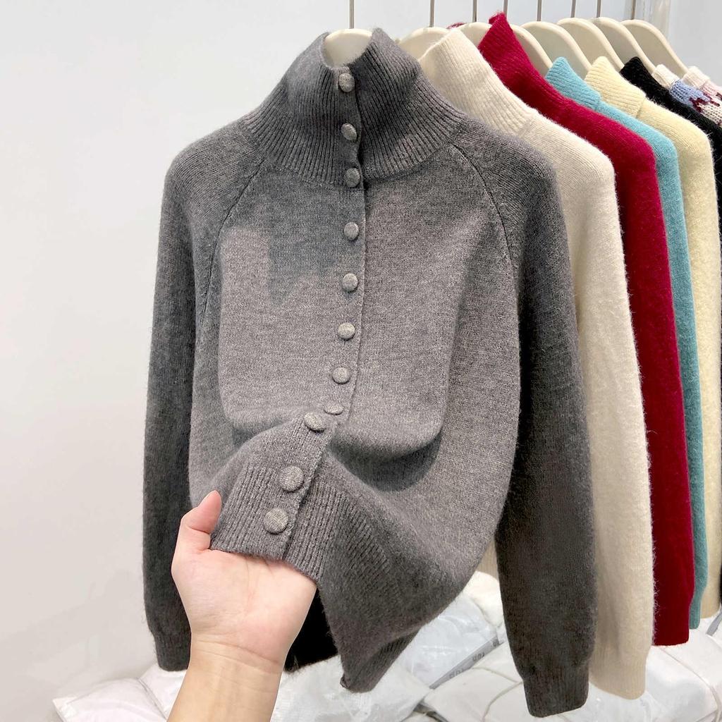 Women's Polo Collar Knitted Cardigan - Thick, Stylish, High Collar, Single-Breasted for Autumn and Winter