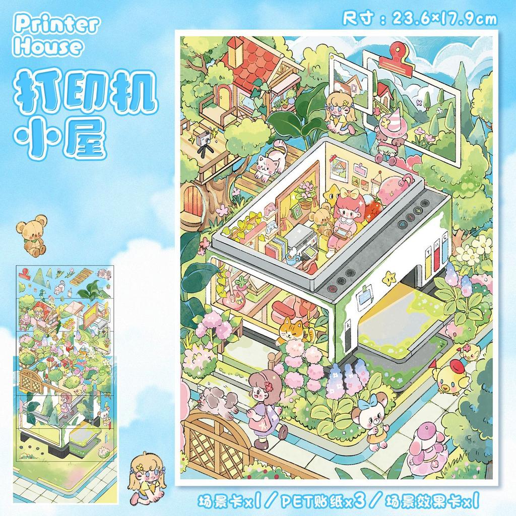 Plus Size Kawaii 3D Cartoon Small Wooden House Miniature Scene Stickers Stacked Stickers Game Stickers Children's Festival Gifts