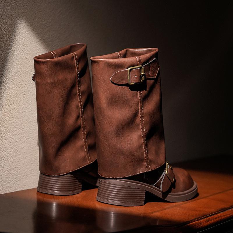 

Европейские и американские мотоциклетные ботильоны со сборками, круглый носок, массивный каблук, до середины икры, для осени/зимы 37 чёрный