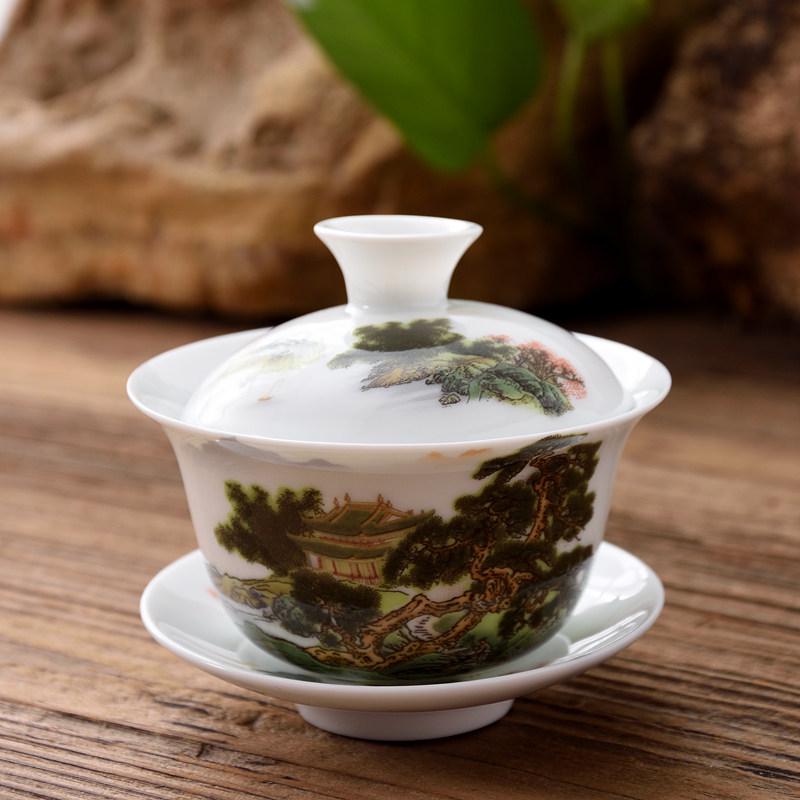 3.4-Inch Blue & White Ceramic Gaiwan Tea Set - 3-Piece, 100ml Capacity