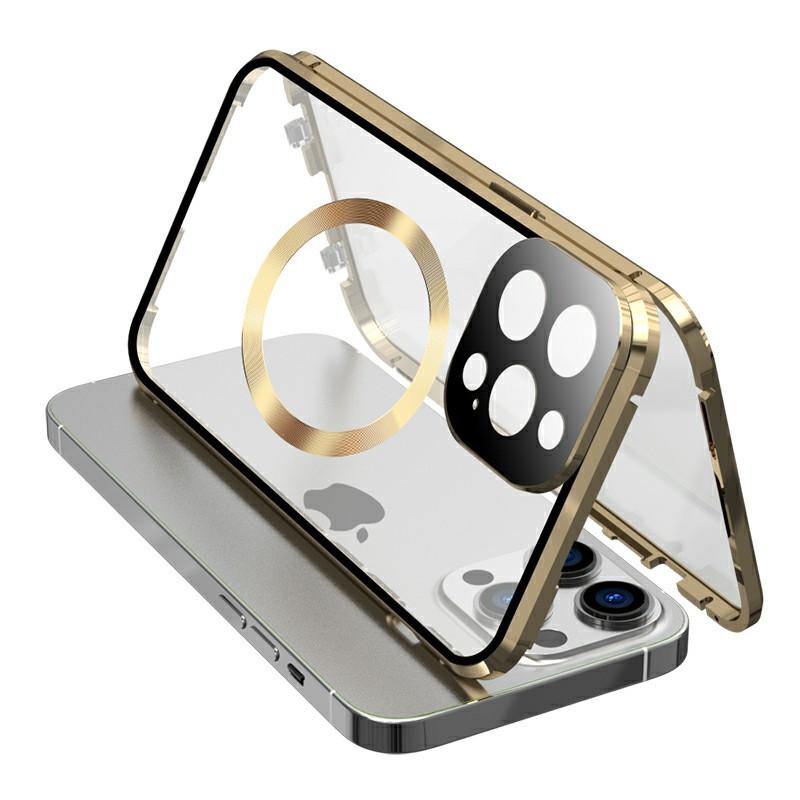 Buckle Lock Phone Cover for iPhone 15 Plus Magnetic Metal Frame+Dual-Sided Tempered Glass Case Compatible with MagSafe