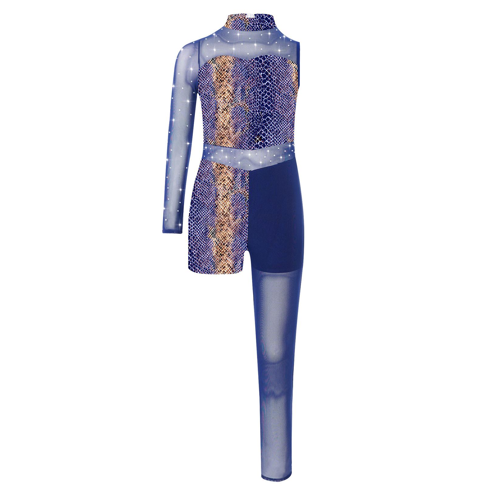 

Дівчачий друкований гімнастичний купальник Дизайн зірки, леопарда, зміїної шкіри Блискучі стрази Прозора сітка Печворк Асиметричний боді 5-6 Years