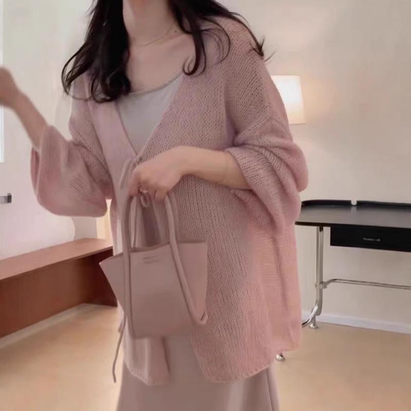 Spring New Thin Lace-up Medium and Long Gentle Wind Knitted Cardigan Loose Soft Waxy Sunscreen Jacket Women