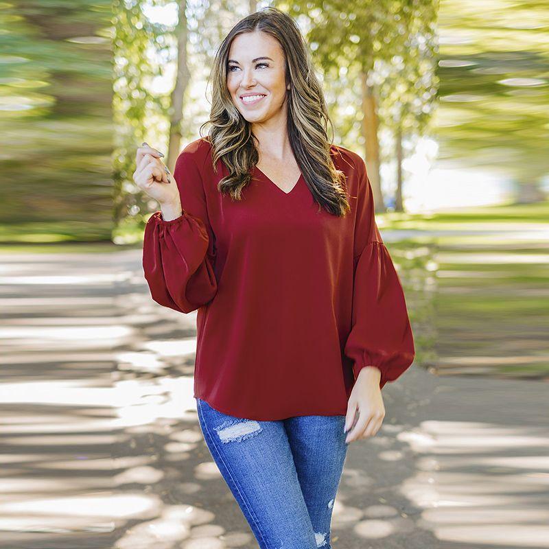 

Fall 2024 New V-neck Long Sleeves Pullover Chiffon Shirt Women s Fashion Style Fashion Loose-Fitting Long Sleeves Long Sleeves Casual T-shirt Women Red S code fits (45.00 kg-55.00 kg