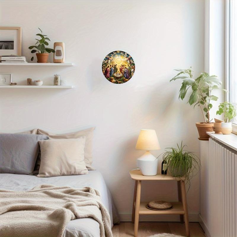 Cena de Natal de Madeira Pôster Redondo de Madeira - Guirlanda de Decoração de Jesus e Anjos, Placa Resistente Impressa em HD para Casa, Bar, Café