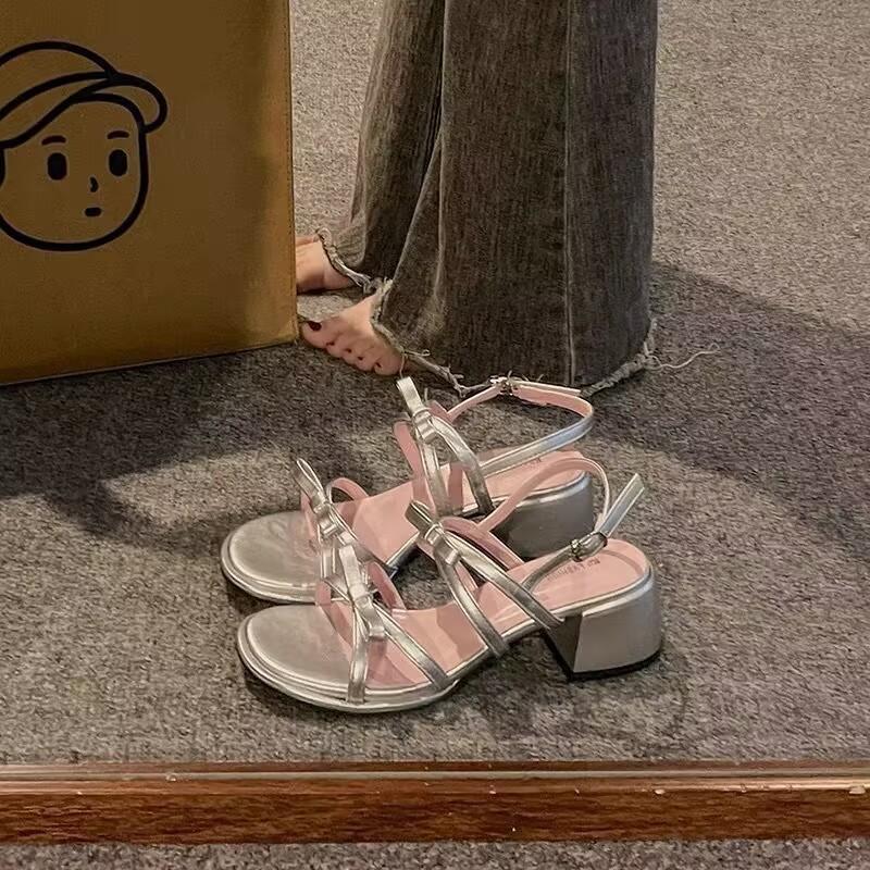 

French bow thick heel open toe sandals shoes 2025 summer new fairy wind word with sandals woman 40