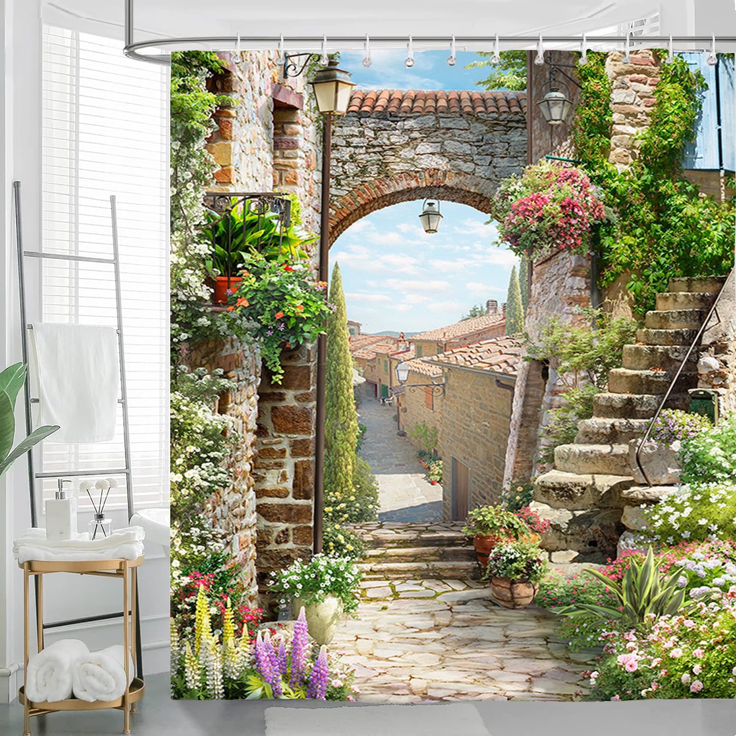 

3D Landscape Garden Shower Curtain With Hook Floral Bathroom Decorative Shower Curtain Waterproof 180X 180Cm W60H190(CM)-1 Pcs