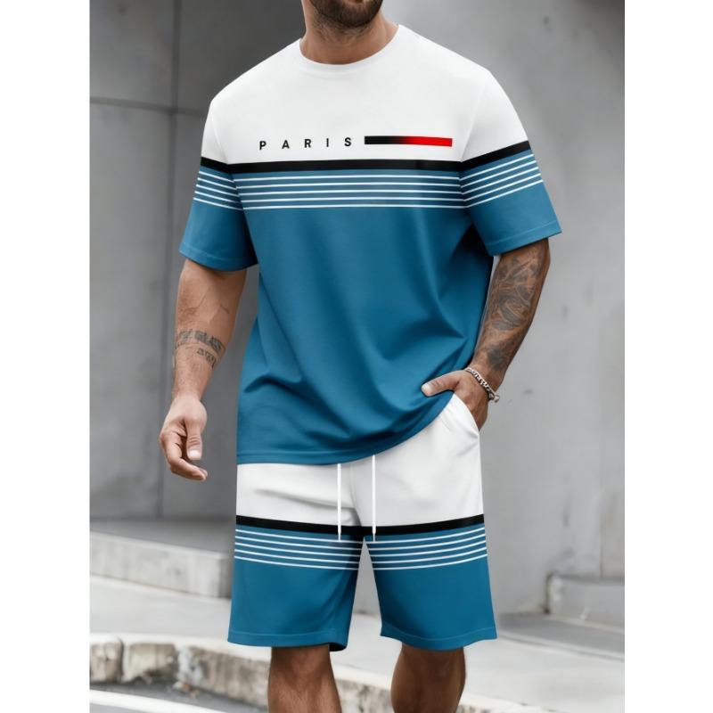 Fashion Stripe Printed T-Shirt Shorts 2-Piece Set Plus Size Outdoor Casual Men's Clothing Breathable Short Sleeve Shorts Suit