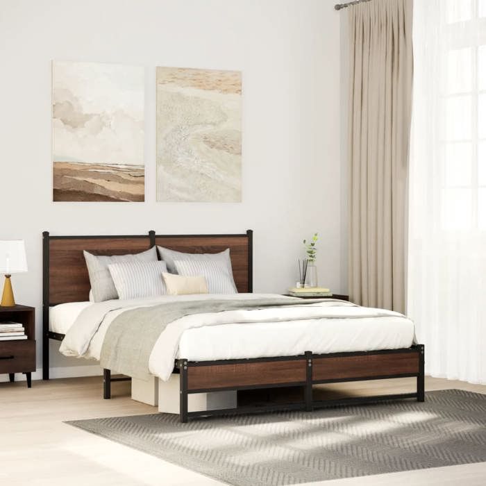 VidaXL Metal Bed Frames with Brown Oak Headboard 140x200 Cm, Double Bed, Bedroom Furniture, Bed 4007941