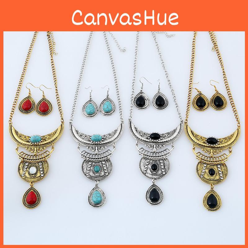 Vintage Water Drop Alloy Necklace And Earring Set For Boho Style Females