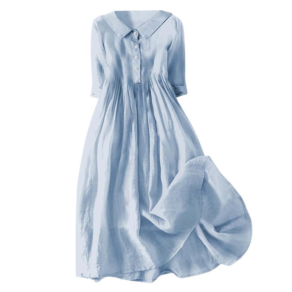 Women's Shirt Collar Button Front Midi Dress with Belt Casual A-Line Summer Dress Multiple Colors