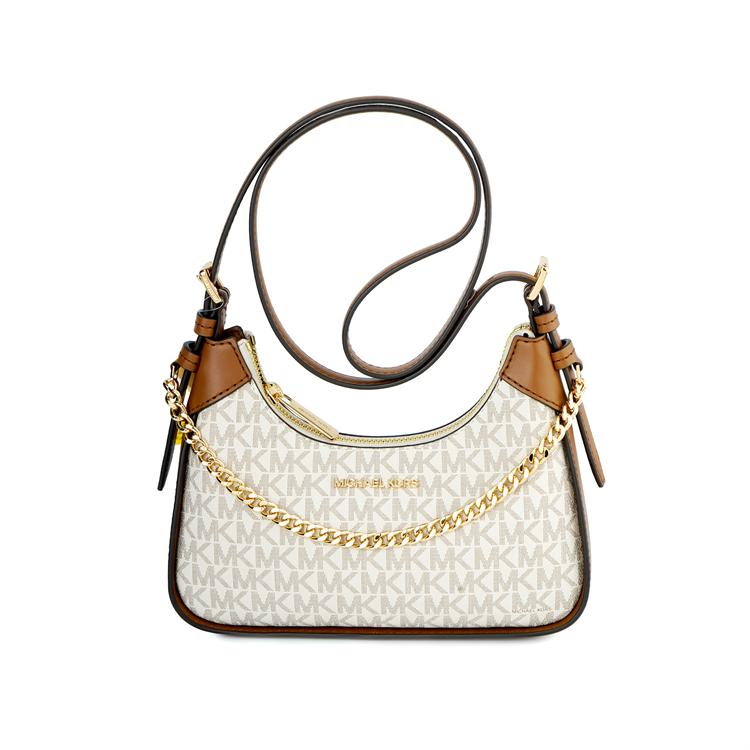 Michael Kors Mk Wilma Classic Monogram Logo Chain Zip Closure Coated Canvas Crossbody Bag Small Women crossbody bag Vanilla Brown 35H3G3WC5B-VANILLA