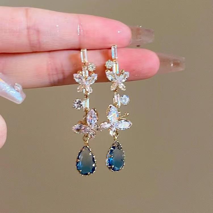 Korean Fairy-Style Blue Butterfly Water Drop Crystal Stud Earrings