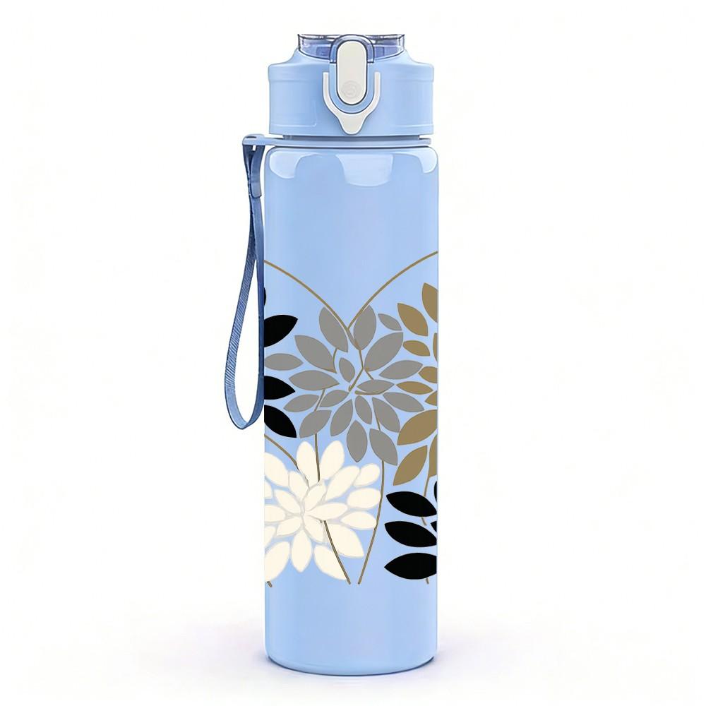 1PC Black White Floral Print 750ml Color Plastic Sports Water Bottle Leakproof Flip Straw Lid Suitable for Sports Office Home Use