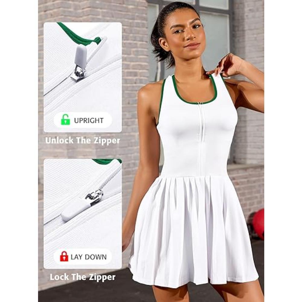 Charmleaks Damen Tennis Kleid mit integriertem BH und Shorts Reißverschluss vorne Plissiertes Sportkleid Nahtloses Golfkleid