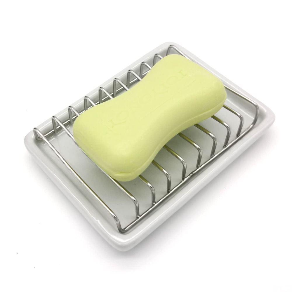 Multi-function Ceramic Soap Dish Stainless Steel Storage Dish Simple Drain Soap Box  Shower Room