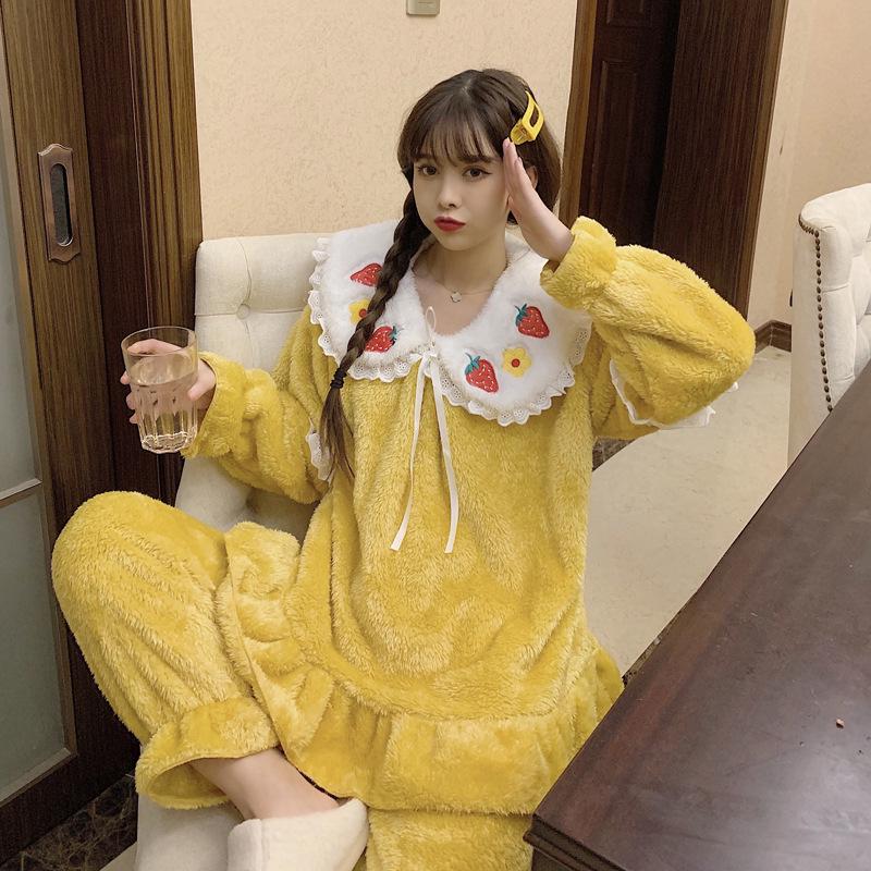 

Женская пижама цвета клубники из фланели — милый, теплый, плюшевый шерстяной комплект с лацканами для осени/зимы