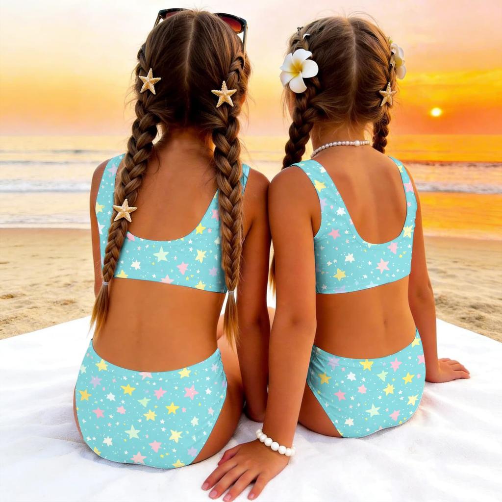 Girls Two Piece Swimsuit Set Tankini Top and Bottom Star Print Summer Beach Swimwear for Kids Lightweight Comfortable Fit