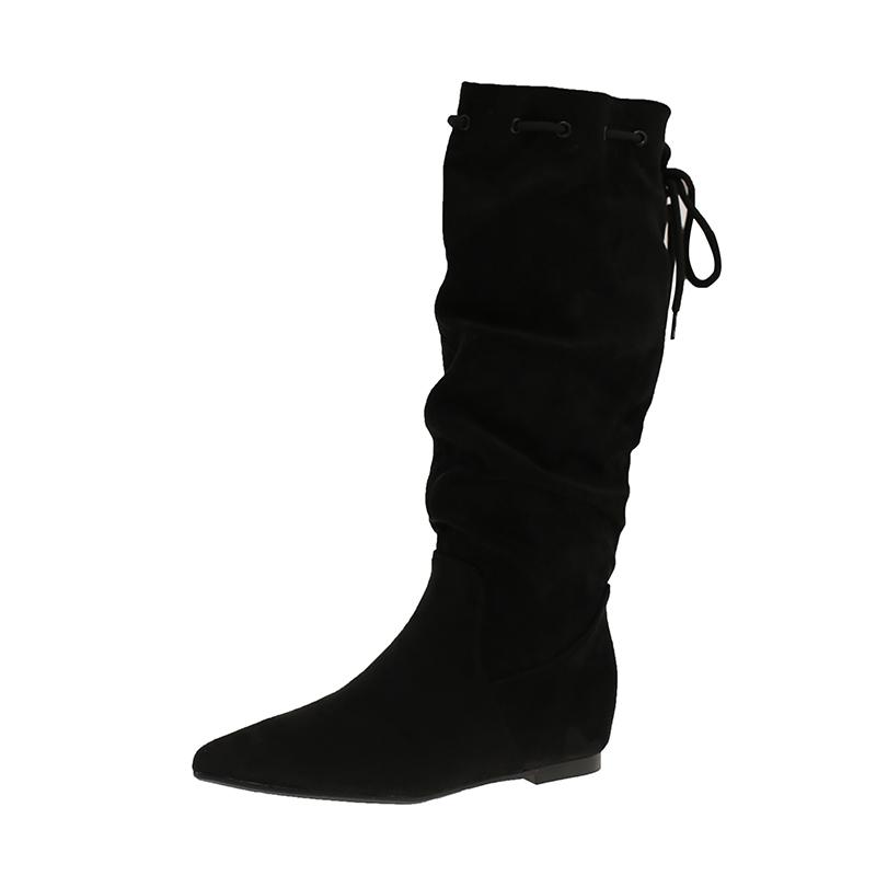 Inside Heightened Tall Boots Autumn New Pointed Toe Suede Lace-Up Rear Soft Sole Anti-Slip Wear-Resistant Low Heel Shoes