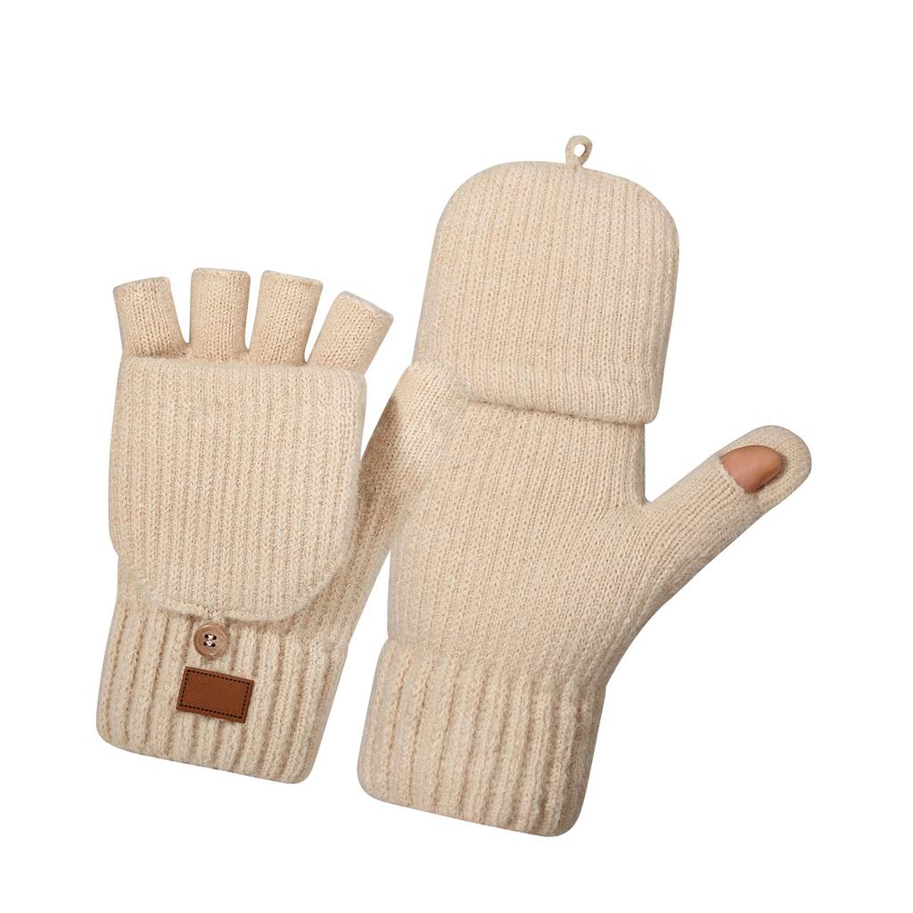 Women Knitted Half Finger Gloves Insulated Windproof Double Layer Fleece Lining Winter Outdoor