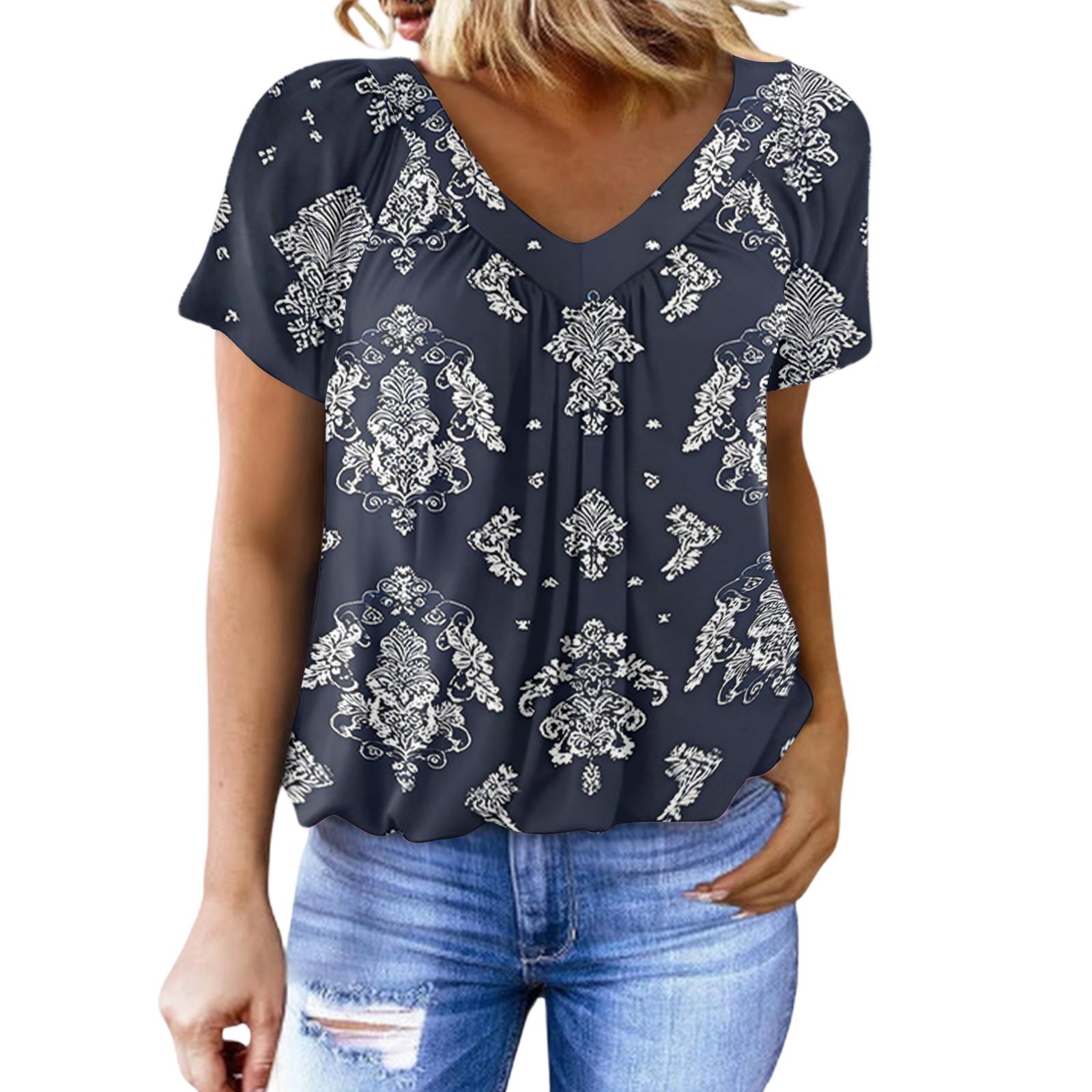 Women s Casual V-neck Pleated Retro Print Short-sleeved Top L