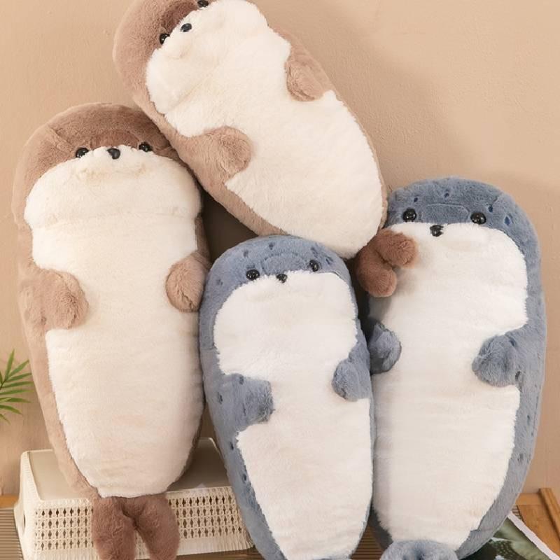 Soft And Cuddly Grey And Khaki Seal Plush Toy For Cozy Sleep And Comforting Pillows