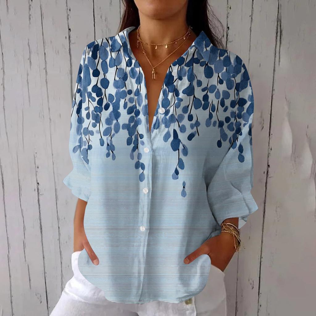 Women's Fashion 3/4 Sleeve Casual Lapel Back Tie- Floral Print T-Shirt Top