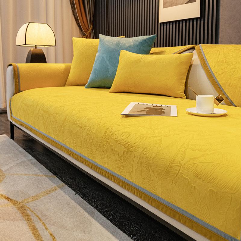 Sofaovertrekk Jacquard Kort Plysj Stue Sofahåndkle Fire Sesonger Sklisikkert Støvtett Møbelbeskyttelsesdeksel Gul Kant