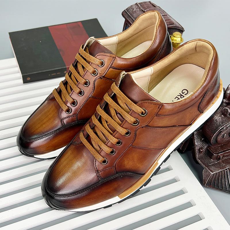 Handmade Mens Oxford Sneakers Genuine Leather Lace-Up Men Casual Leather Shoes Outdoor Daily Walking Flat Footwear