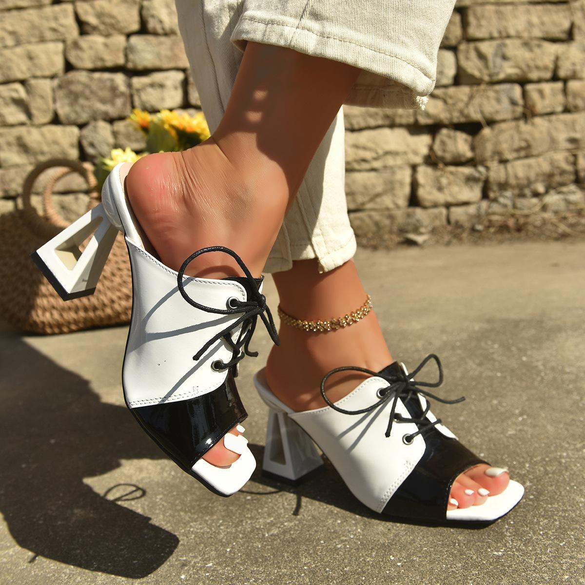 

Square head thick-heeled women s sandals, new open-toed fashion lace-up women s high heels, large-size fashion women s shoes 42