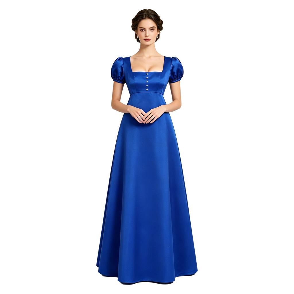 Maxikleid mit quadratischem Ausschnitt und Puffärmeln, mit Kunstperlen, Empire-Taille, Knöpfe hinten, Satin, Regency-Kleid für Damen, Party, Ball
