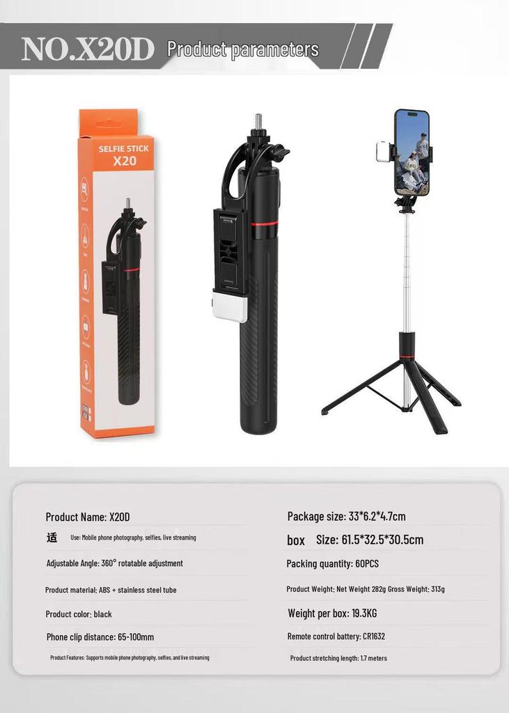Running Amount X20 Bluetooth Selfie Stick & Tripod 1.7M for Mobile Phones and Live Broadcasting