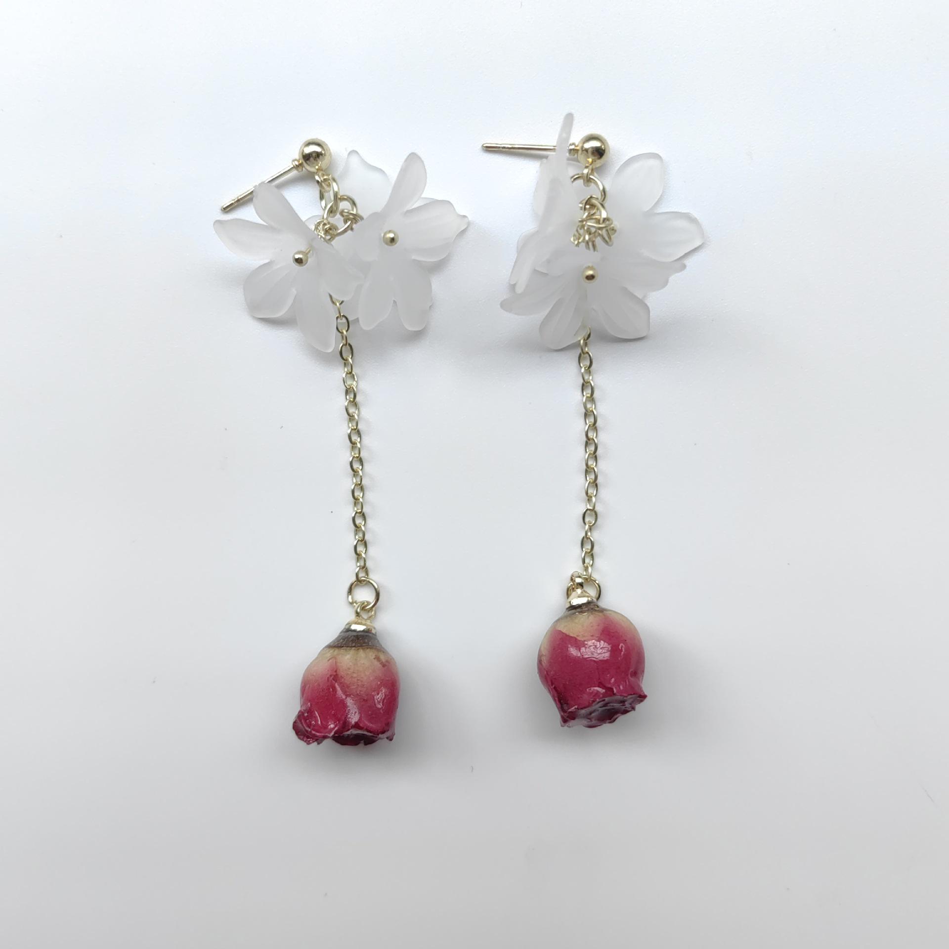 Korean-Japanese Fairy Petal Earrings: Three-Dimensional Rose & Dried Flowers