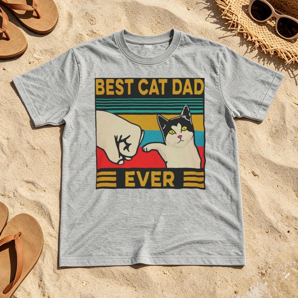 Best Cat Dad Ever Fist Bump Retro Stripe Design Unisex Cotton T Shirt Holiday Leisure Vibe Summer Clothing Gift Cat Lovers