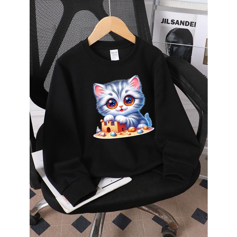 European sizes Girls' Crewneck Sweatshirt Cute Kitten Sand Castle Seashells Beach, Soft Comfy Sportswear for Children & Teens