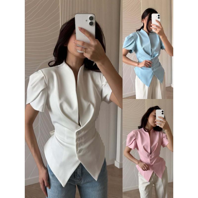 2026 Blazer Corto Asimmetrico da Donna con Scollo a V Manica Corta Vestibilità Aderente Chic da Ufficio Giacca Leggera da Tailleur