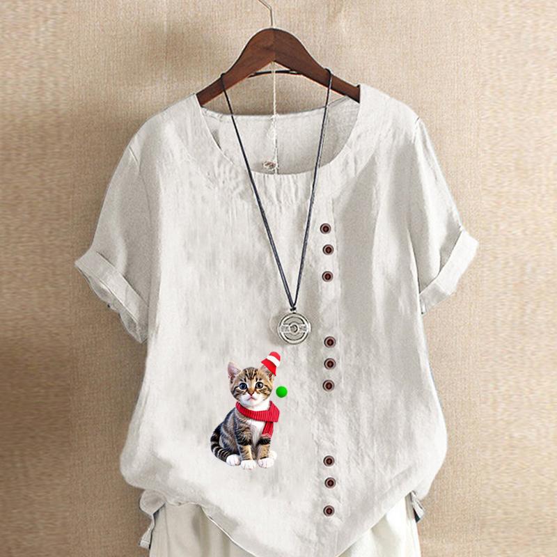 Women's Fashion Cat Prined Short Sleeve T-shirt Loose Cotton Shirt Casual Loose Summer Blouse Tops Plus Size