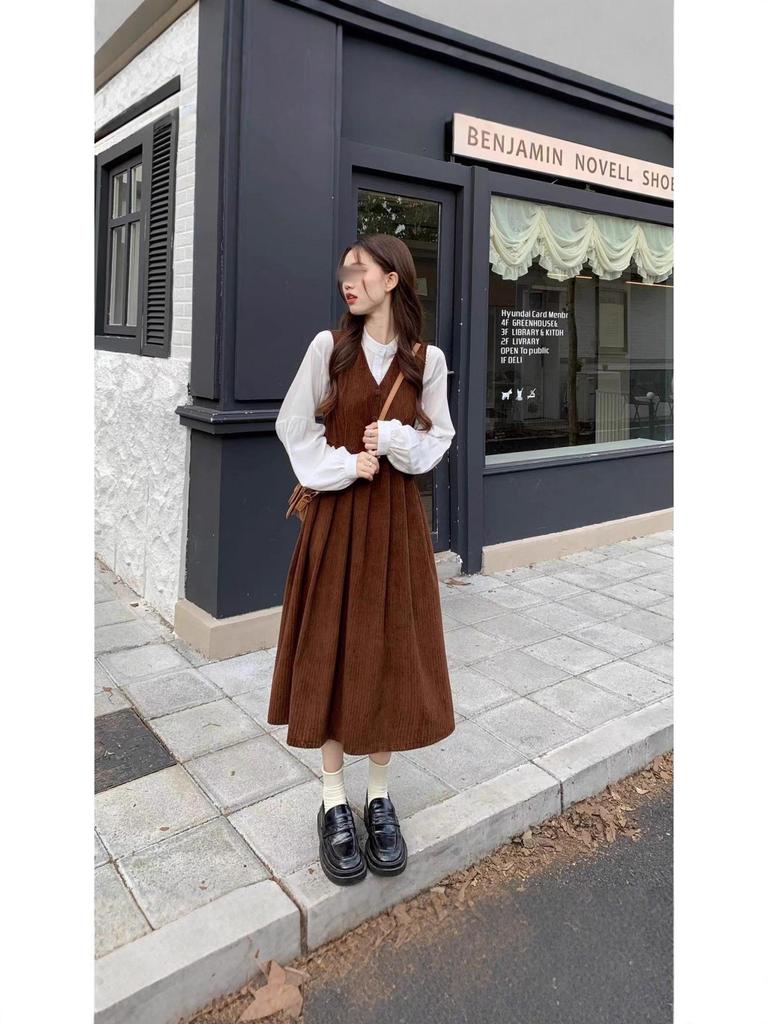 Women's Corduroy Vest & Dress Set: Spring/Autumn Sweet Long Sleeve Shirt Two-Piece Collection