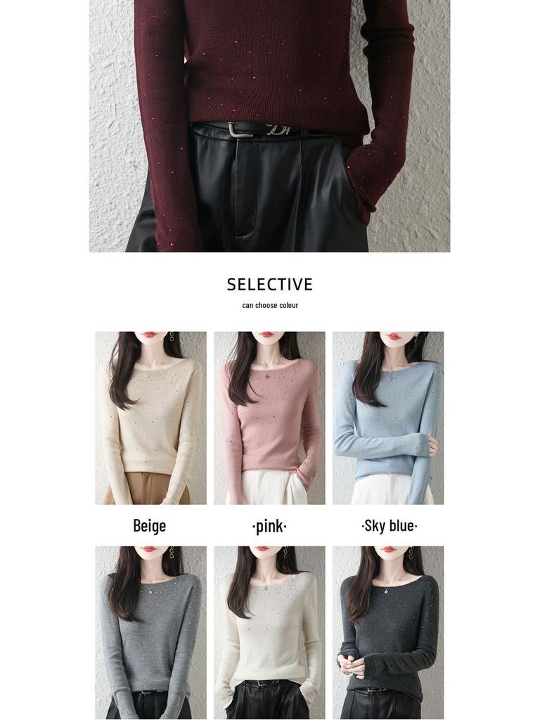 Damen Slim Fit Rundhals Herbstpullover mit Hot-Drill-Akzenten