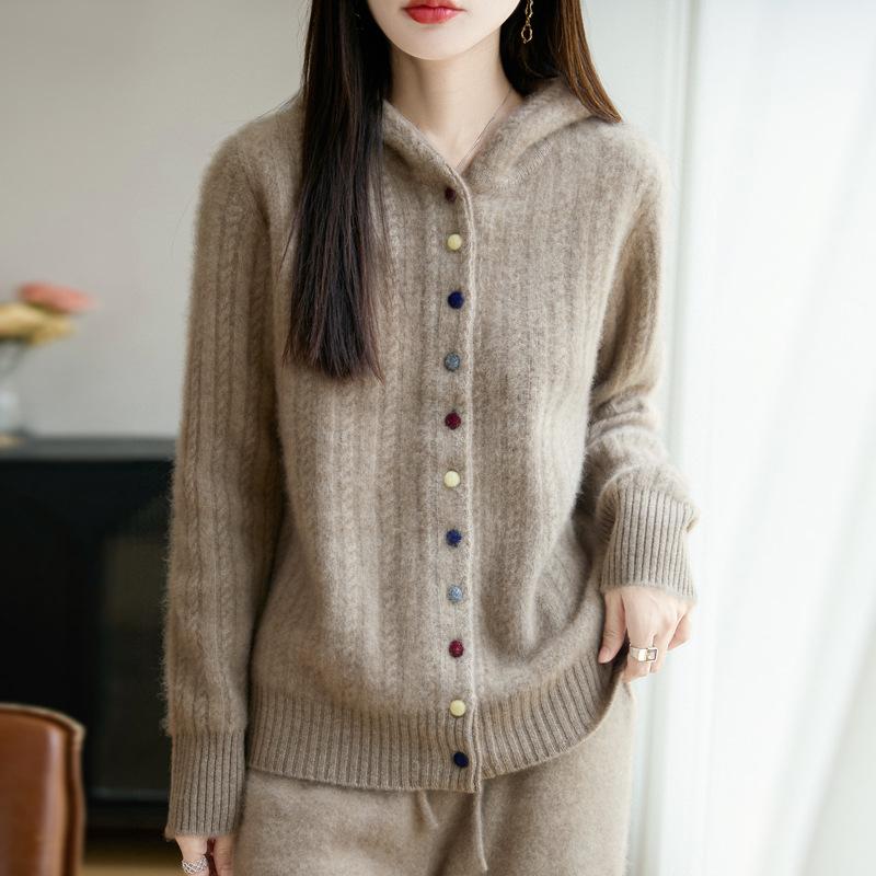 Autumn And Winter New Thickened Hooded Wool Cardigan Women'S Twisted Flower Simple Casual Lazy Wind Knitted Sweater Jacket