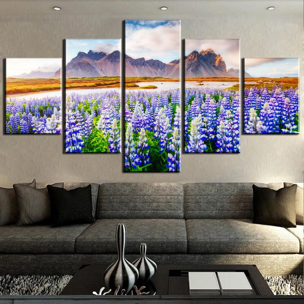 Canvas Wall Art 5 Piece HD Print Large Lupine Flowers Landscape Posters Pictures Home Decor Living Room Decoration Paintings No Frame